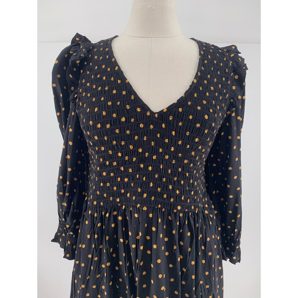 Madewell Lucie V-Neck Smocked Mini Dress in Oval Dot Orange Black S - Picture 7 of 14